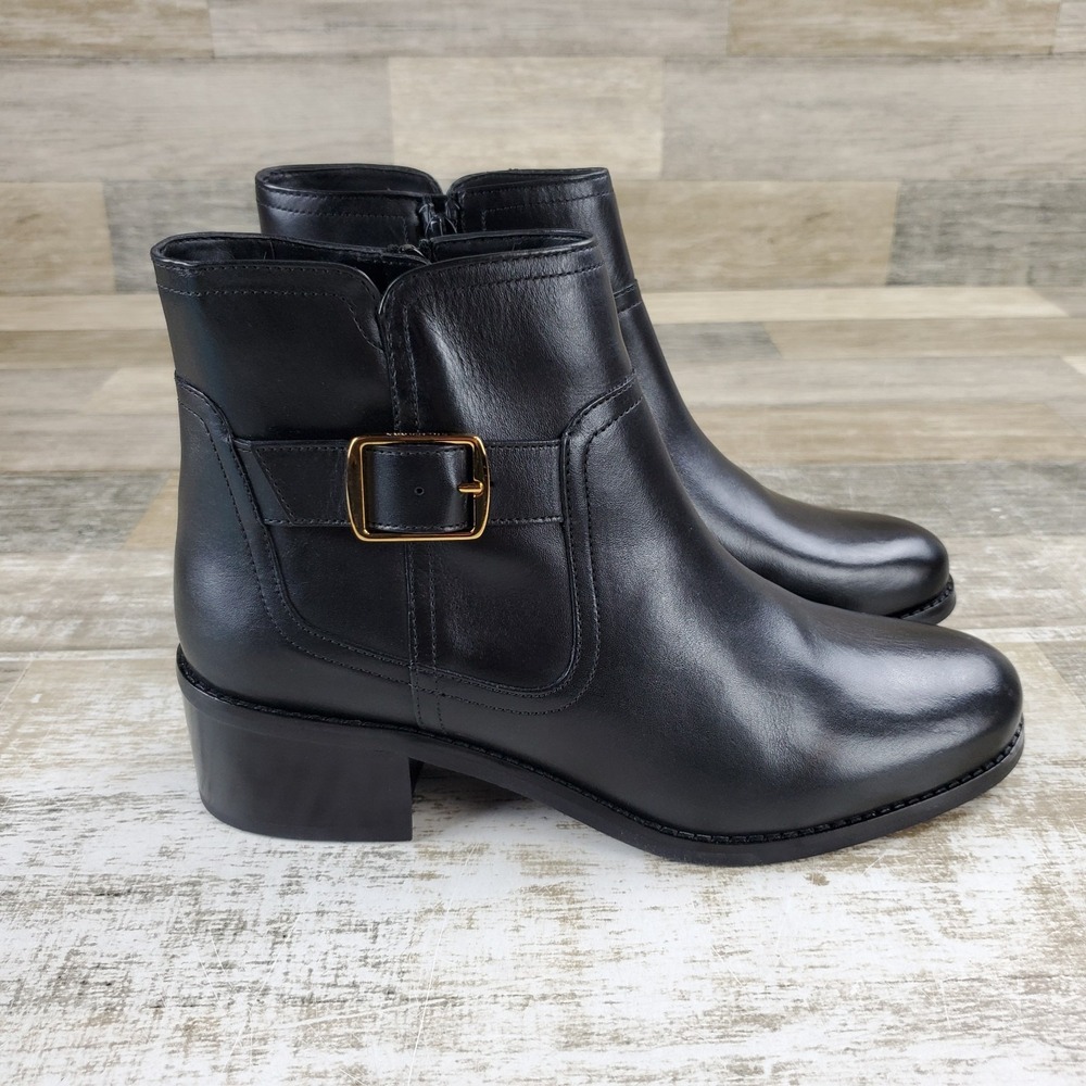 Cole Haan Thayer Womens Buckle Ankle Boots Sz 8 B Black Leather Block Heel